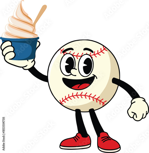 Cartoon Baseball Character Holding Ice Cream Cone on White Background mascot