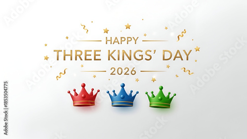 Three kings epiphany celebration 2026 golden text typography with colorful crowns festive confetti holiday greeting design for christian tradition branding marketing decoration commercial creatives 