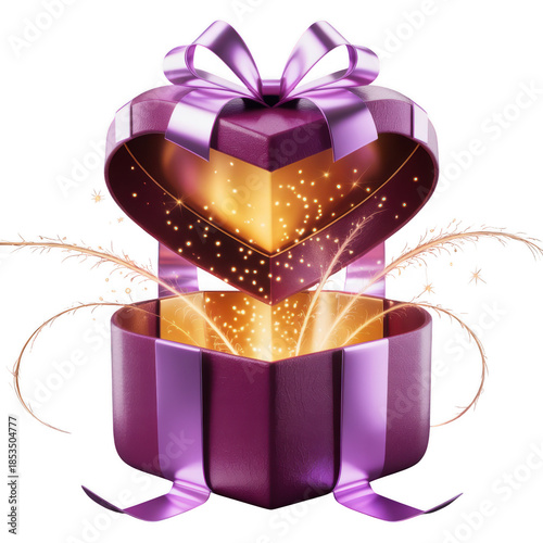Luxury Open Gift Box with Purple Ribbon and Magical Glowing Light for Celebration and Surprise Concept Isolated on Transparent Background