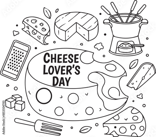 Black and white vector illustration for Cheese Lover’s Day with cheese wedge, grater, fondue pot, and cubes