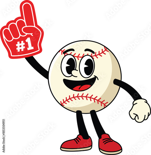 Cartoon Baseball Character with Foam Finger #1 on White Background mascot sports