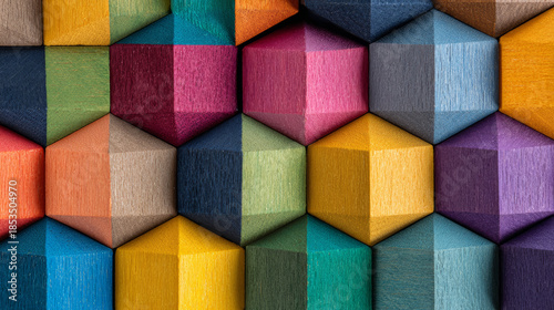 Colorful wooden blocks with hexagonal shapes arranged in seamless pattern, creating vibrant and textured geometric background