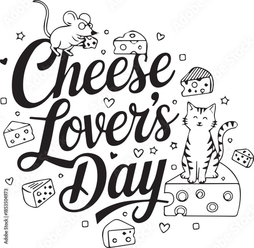 Black and white cartoon illustration for Cheese Lover’s Day with mouse, cat, cheese, and festive decor