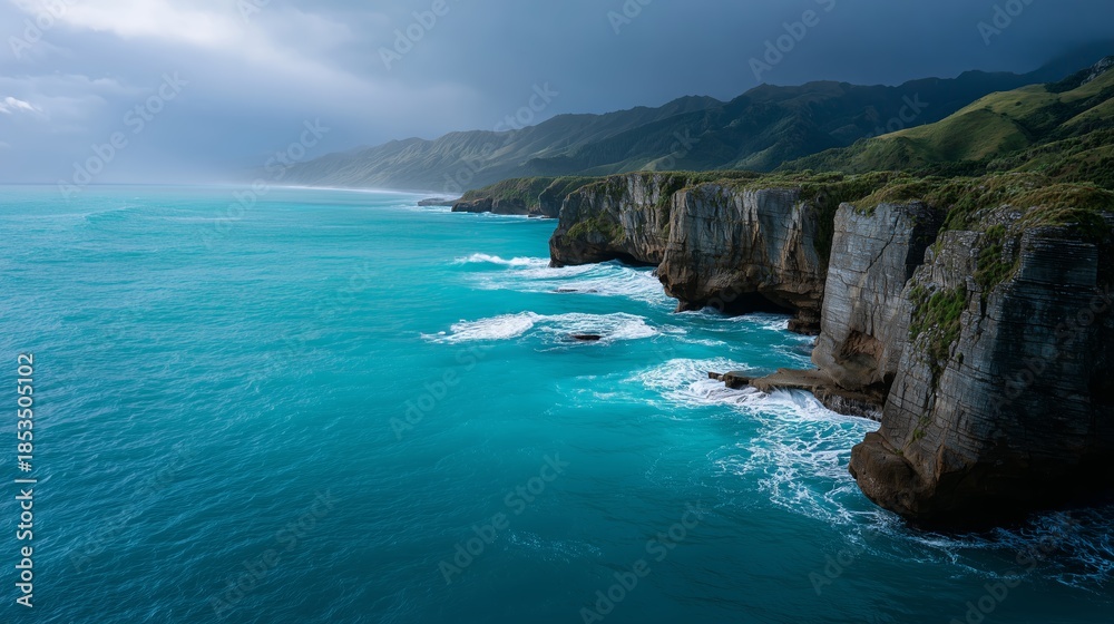 Fototapeta premium Stunning coastal cliffs meet vibrant turquoise waves under a dramatic sky