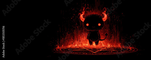 Cute little devil character with glowing red eyes and fiery horns standing on burning magical circle, dark background