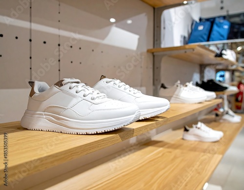 Close-up of white sneakers on a wooden shelf in a retail store