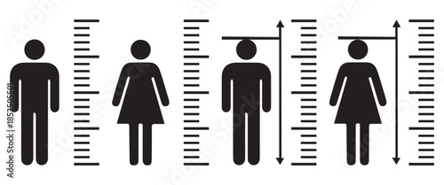 “Five Standing Human Figure Silhouettes of Different Heights, Posture and Body Proportion Reference Vector”