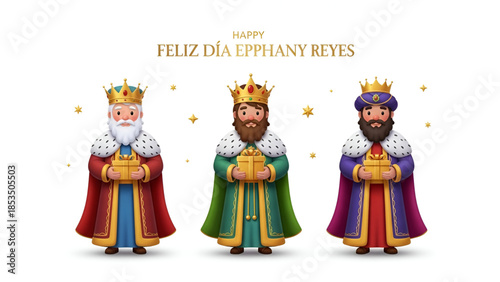 Epiphany Three Kings Day illustration showing magi holding gifts with feliz happy epiphany day text for christian faith celebration greeting design branding and commercial creative use