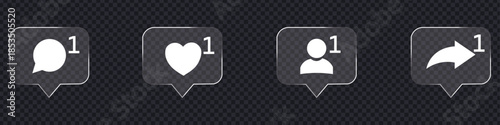 Glass Morphism Social media notification icon set vector. new comments, likes, followers, and shares on digital platforms symbol. vector illustration.