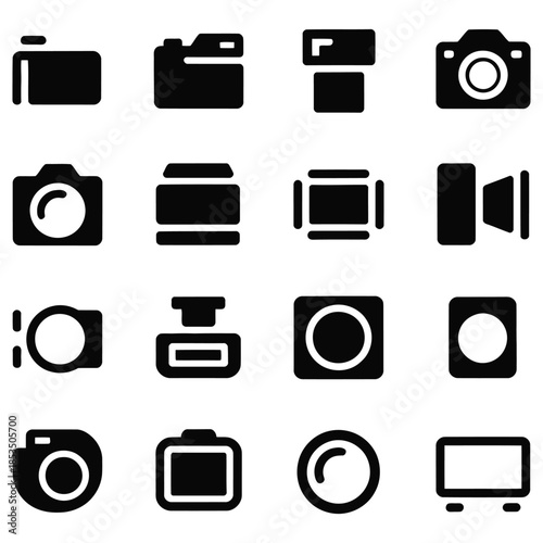 Set of black and white vector icons representing various photography equipment including different camera bodies camera lenses and camera flashes