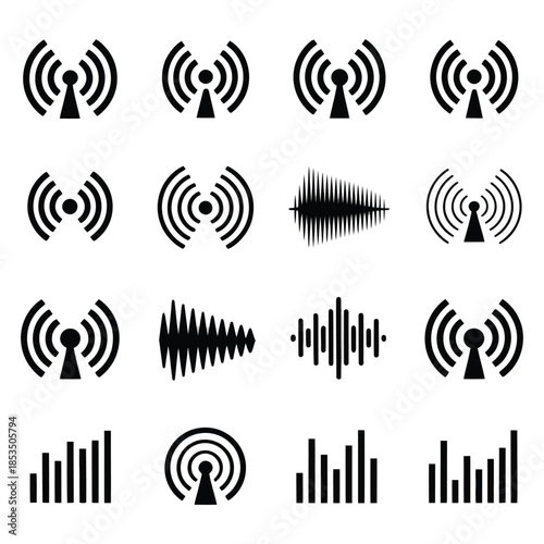 Set of wireless signal icons and sound wave symbols in black on a white background representing various communication and audio concepts