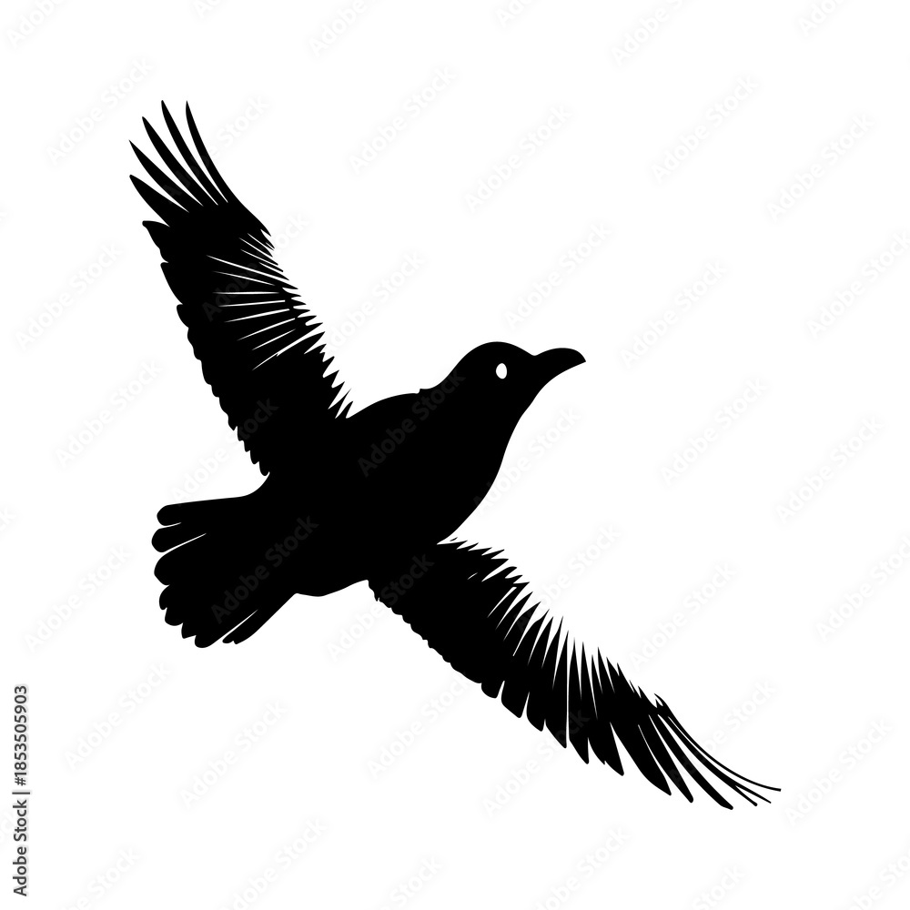 Obraz premium Silhouette of a bird mid-flight, wings fully extended, facing right against isolated white background, symbolizing liberty, journey and aerial freedom