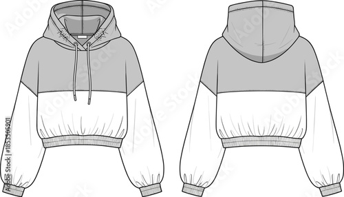 Women's cropped hoodie technical fashion flat vector illustration front and back view sweatshirt design template for apparel production and merchandising branding manufacturing catalog presentation