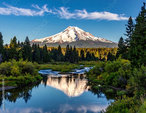 Snow-capped mountain backdrop with river weaving through lush green vegetation under a partly cloudy blue sky