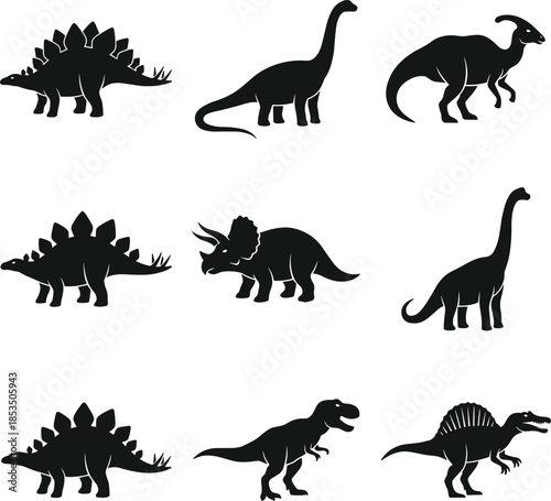 Collection of black dinosaur silhouettes on a white background prehistoric ancient