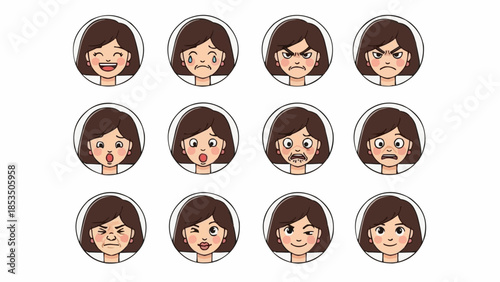 Collection of cartoon female faces showing different emotions and expressions.
