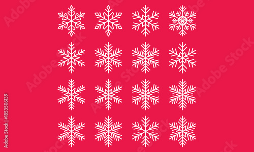 Collection of Twelve White Snowflakes on a Vibrant Red Background winter cold