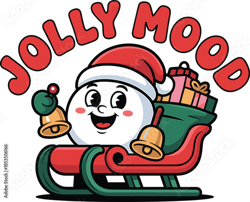 Smiling cartoon snowman character in a Santa hat riding a sleigh with gifts and bells with text JOLYMOD