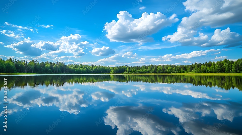 Obraz premium Tranquil lake reflecting bright blue sky with fluffy white clouds and lush forest
