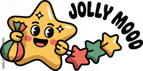 Smiling cartoon star character holding a gift bag and a string of stars happy