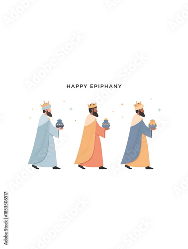 Epiphany celebration illustration showing Three Kings walking with gifts symbolizing faith journey devotion tradition culture spirituality history holiday artwork for global Christian festival use