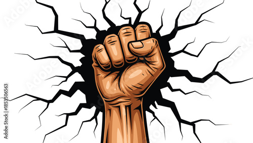 Clenched fist breaking through surface with cracks, bold symbol of strength, resistance, and impact - flat vector illustration
