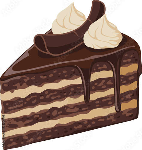 Delicious Slice of Chocolate Cake with Cream and Chocolate Curls dessert sweet