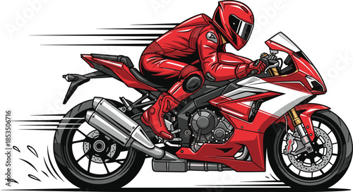 Sport motorcycle rider in red racing suit leaning forward with motion effects and speed lines - flat vector illustration