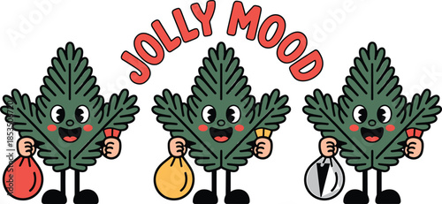 Three cartoon fir tree characters with faces holding gift bags and the text JOLYMOD above them