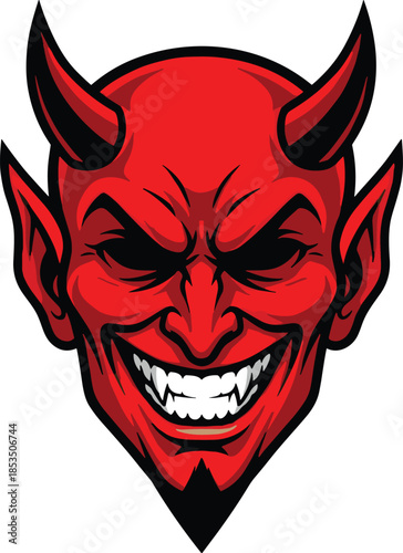 Stylized devil head with red skin, black horns, and sinister grin, bold cartoon mascot design - flat vector illustration