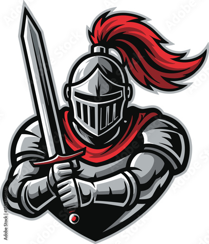 Stylized medieval knight in full armor with sword, red plume, and cape - flat vector illustration