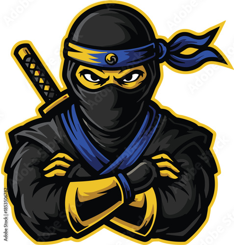 Stylized ninja character with sword and intense eyes in black outfit and blue headband - flat vector illustration