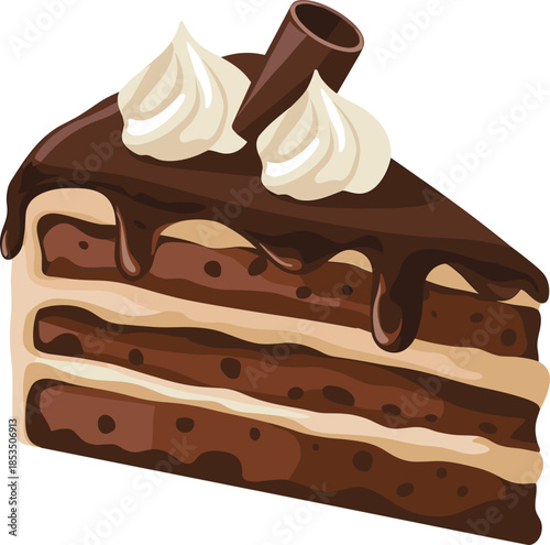 Delicious slice of chocolate cake with cream and chocolate tube topping dessert sweet