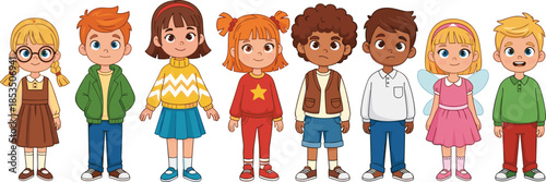 Cartoon diverse children illustration, various outfits and hairstyles, playful character lineup, educational design, multicultural kids - flat vector illustration