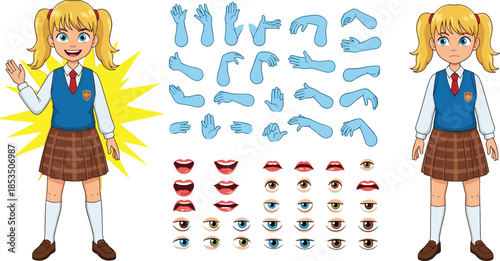 Cartoon schoolgirl character customization kit with expressions, hands, eyes, mouth poses for animation - flat vector illustration