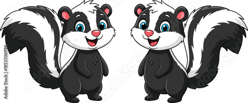 Cartoon skunk pair illustration, black and white fur, smiling animal characters, cute forest wildlife design - flat vector illustration