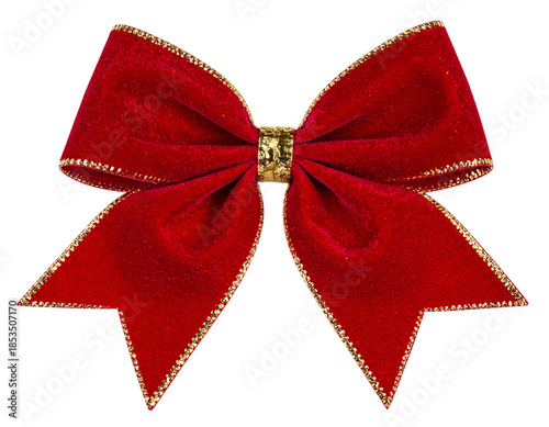 A festive, velvety red bow with gold trim and a central knot, isolated on black