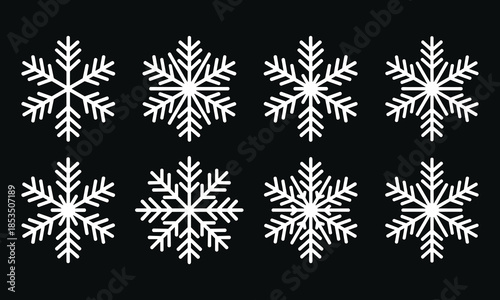 Eight White Snowflakes Arranged on a Black Background winter cold