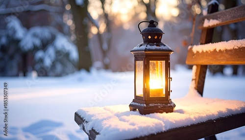 Lit lantern on snowy bench in a winter forest bathed in golden sunlight