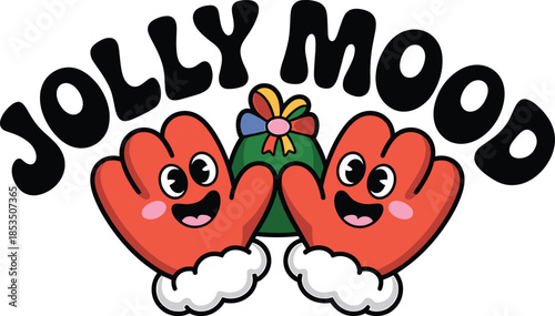 Two cartoon hands with Santa hats and a gift bag between them Christmas festive