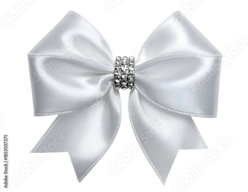 Elegant white satin bow with sparkly crystal embellishment at the center
