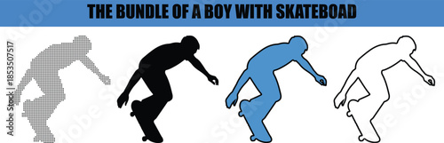 Man and boy on skateboard silhouette line art outline dot dotted style human activity sports vector illustration concept. man and boy skating, skateboarding silhouette, line art illustration, outline 
