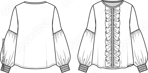 Women ruffle front blouse technical flat, front and back view, apparel cad drawing flat vector illustration for fashion design