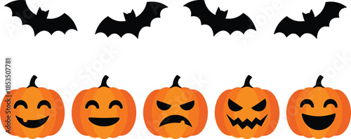 Halloween Bats And Jack O Lanterns With Different Facial Expressions silhouette flying