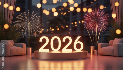 New Year's Eve 2026 Celebration: A mesmerizing visual showcases a stylish interior, with the year 2026 illuminated as the centerpiece.