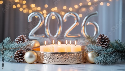 New Year's Eve 2026: Candles and Festive Decorations: A close-up shot capturing the essence of a holiday celebration, featuring candles, shiny decorations, and the numeral 2026 as a sign of new year.