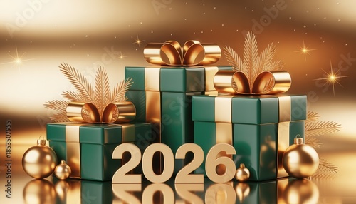 New Year 2026: Elegant Gift Boxes Celebrate a new beginning, with a stack of festive gift boxes and radiant gold ornaments symbolizing the anticipation of New Year 2026.