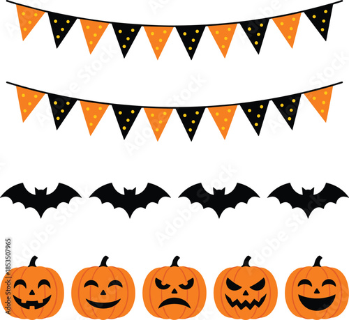 Halloween Decorations with Bunting, Bats, and Pumpkins on White Background flags orange