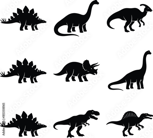 Nine distinct black dinosaur silhouettes arranged in a grid on a white background prehistoric ancient