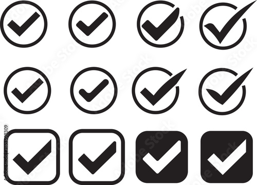 Collection of green checkmarks in circles.  choice, and approval is showcased by two contrasting symbols